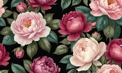 Elegant floral pattern featuring soft pink and deep red peonies on black backdrop