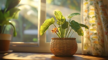 One taro root plant in tropical indoor pot setup, soft filtered sunlight.