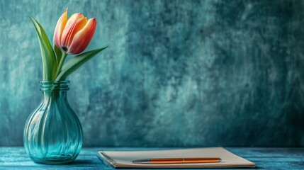 One tulip in a translucent blue vase beside a notebook and pen on a desk.