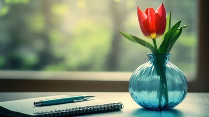 One tulip in a translucent blue vase beside a notebook and pen on a desk.
