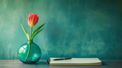 One tulip in a translucent blue vase beside a notebook and pen on a desk.