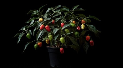 One vibrant capsicum plant showing both green and red fruits, neatly potted.