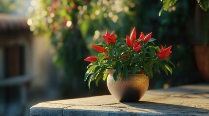 One vibrant red chili pepper plant growing in a minimal modern pot on a balcony background.