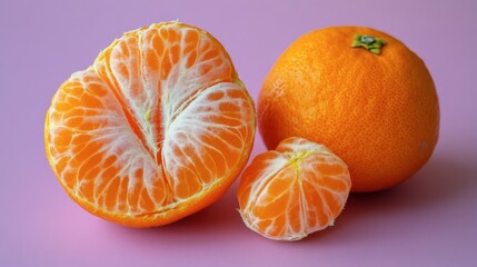 One whole tangerine on a pale lavender background, bright and cheerful.