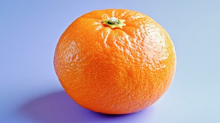 One whole tangerine on a pale lavender background, bright and cheerful.
