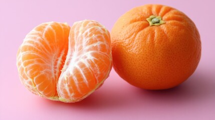 One whole tangerine on a pale lavender background, bright and cheerful.