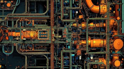 Overview of a complex network of pipes in an oil refinery.