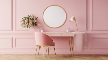 Pink desk in a pastel pink room, offering a soft and trendy aesthetic.
