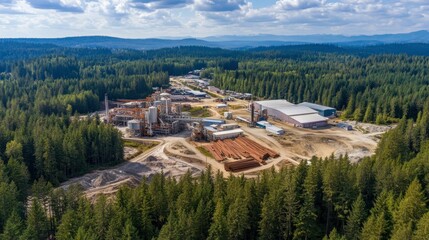 Pulp and paper mill surrounded by forest, showcasing raw material sourcing.