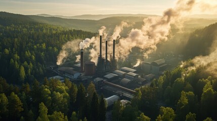 Pulp and paper mill surrounded by forest, showcasing raw material sourcing.