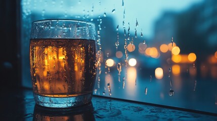 Rainy evening view from inside a dram shop with reflections on the glass