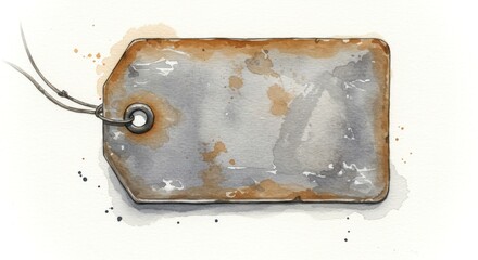 Rustic Metal Tag Watercolor Painting - Watercolor painting of a rustic, aged metal tag with string, perfect for vintage or industrial designs