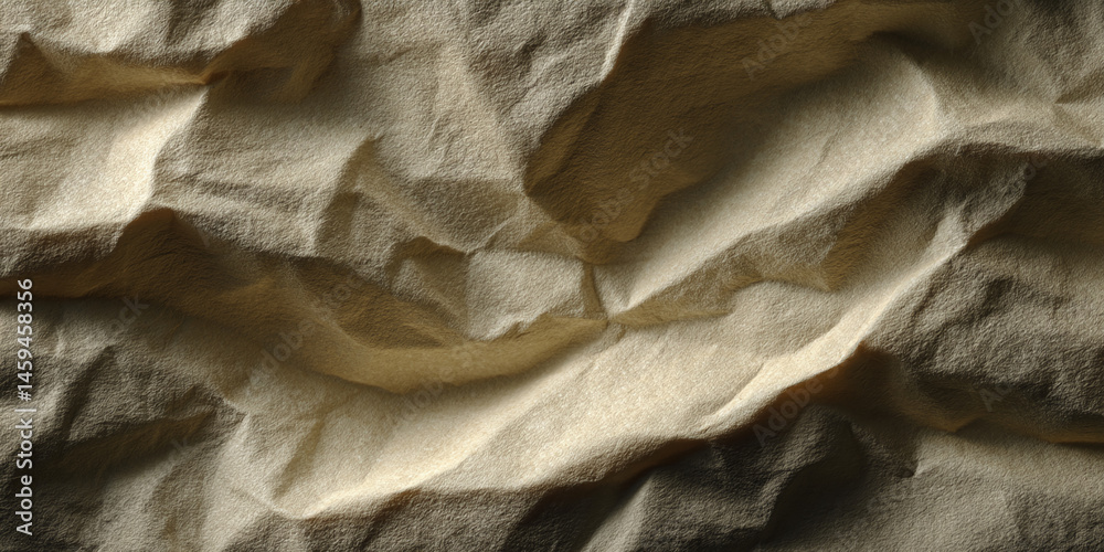 Poster beige fabric texture, crumpled and textured surface, showing depth and shadow, ideal for background 