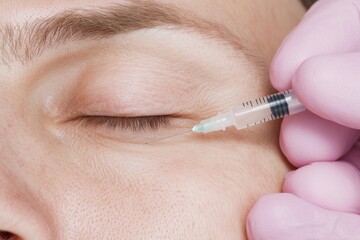 Close-up of a cosmetic injection being administered under the eye area of a person with closed eyes. Ideal for medical, dermatology, anti-aging, and beauty treatment advertising..