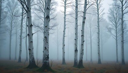 Birch Trees in Foggy Forest