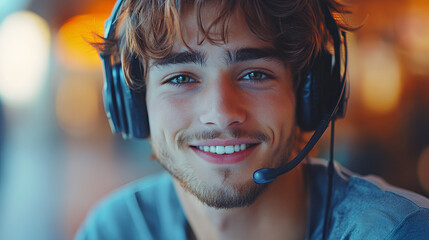 Customer service representative with a warm smile, providing online support through headphones, enhancing digital service experience.