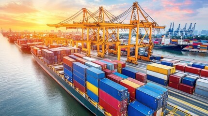 Shipping containers stacked high at an industrial port terminal.