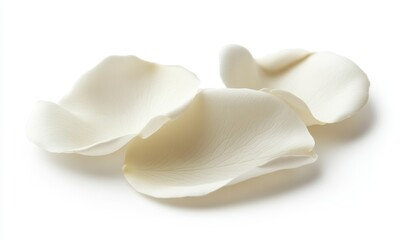 Obraz premium Three delicate, off-white rose petals, smooth and slightly curved, lay against a bright white background