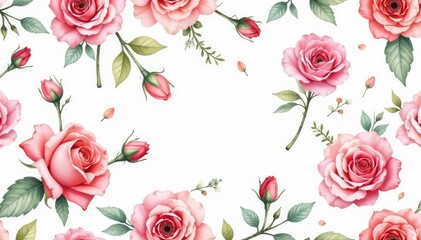 Delicate watercolor roses & leaves, repeating pattern, bloom, stem, vintage