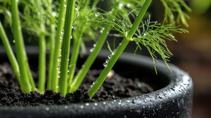 Single fennel bulb visible above soil in a dark ceramic pot with morning dew.
