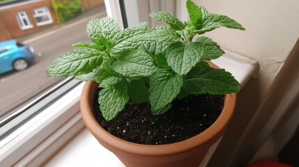Single mint plant growing fresh in a clay container placed on a windowsill.