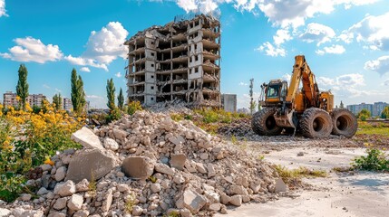 Obraz premium Pile of crushed concrete rubble in foreground with partially collapsed building behind