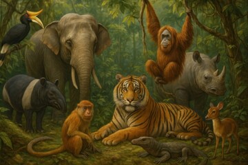 Diverse rainforest animal gathering
