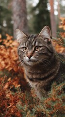 Portrait of tabby cat in natural outdoor setting with fall foliage and evergreen needles framing the face