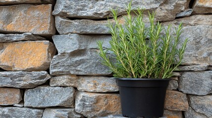Single rosemary sprig growing strong in a matte black container against stone wall.