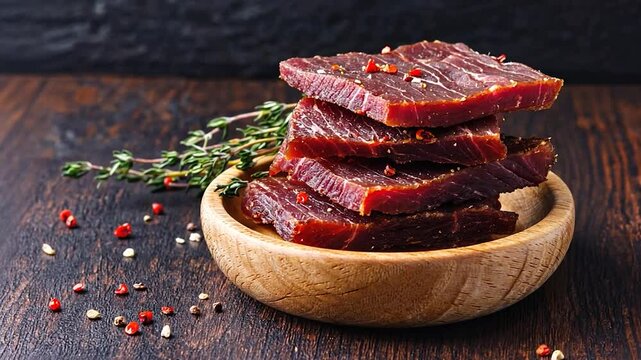 Stacked cured beef jerky on wooden plate, dark background
