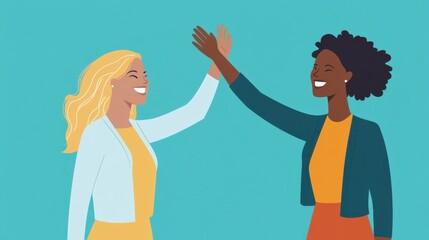 Two businesswomen high-fiving after successful collaboration, empowering business environment.