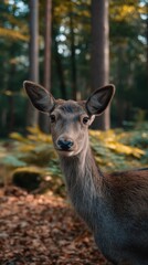 A curious doe intently stares ahead within a dense forest during autumn, captured in a close-up portrait.
