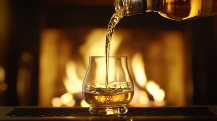 Whiskey being poured into a glass with a fireplace flickering in the background