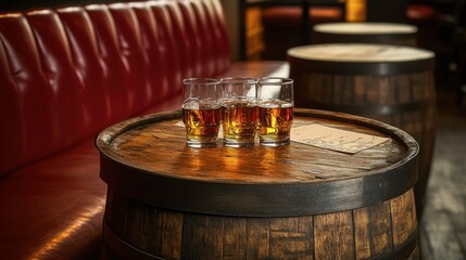 Whiskey barrel repurposed as a table with glasses and tasting notes at a dram shop