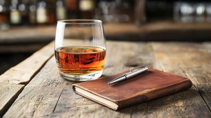 Whiskey journal and pen beside a full glass on a wooden table in a dram shop