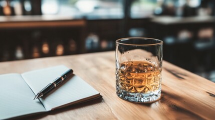 Whiskey journal and pen beside a full glass on a wooden table in a dram shop