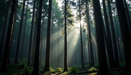 Naklejka premium Forest Trees with Sunlight Beams
