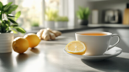 A cup of ginger tea with lemon served on a kitchen counter, with ample space for text
