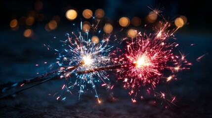 Fototapeta premium Red and blue sparklers glow with golden embers, soft fireworks in the distance. Celebrating Fourth of July with vibrant lights and vintage charm. 