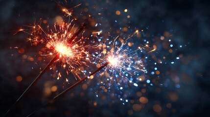 Fototapeta premium Red and blue sparklers glow with golden embers, soft fireworks in the distance. Celebrating Fourth of July with vibrant lights and vintage charm. 