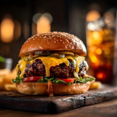 Delicious cheeseburger with melted cheese, fresh toppings, and crispy fries