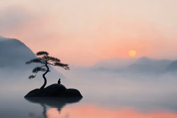 Sunset landscape with tree and person