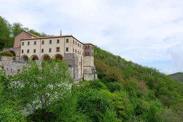 An ancient abbey with a panoramic view in the Campania region, Italy.