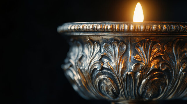 Antique candle glowing in a silver bronze holder against a black background