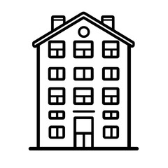 Classic residential apartment building icon with pitched roof and multiple windows