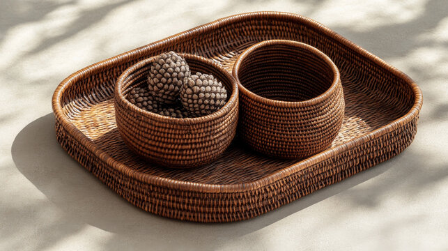 Artisanal rattan tray and basket set photographed from above on a neutral surface