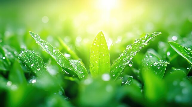 Green leaves dew drops sunlight nature photography - Powered by Adobe