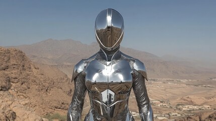 Chrome robot in desert landscape futuristic android sci fi concept