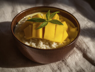 Bowl of mango and rice, topped with fresh mango slices and sprig of mint, creates delicious and inviting dish