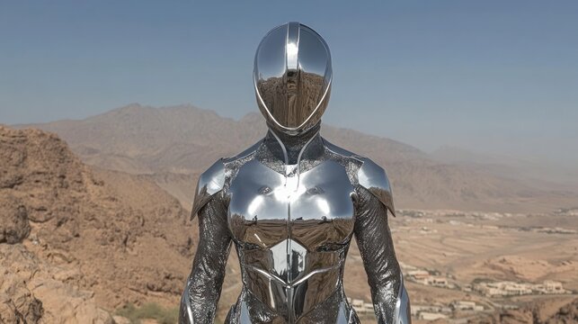 Chrome robot in desert landscape futuristic android sci fi concept